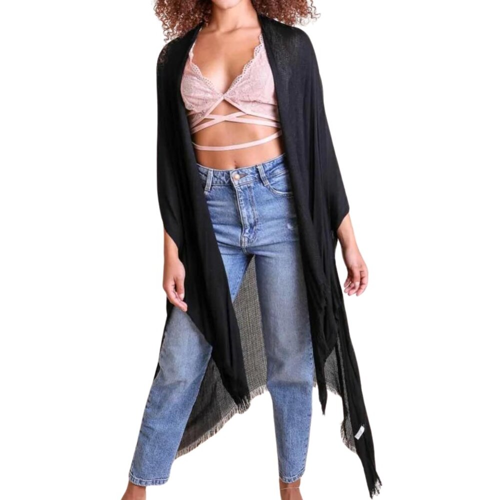 Black Frayed Kimono Open Grid Fabric One Size Casual Fringes Wrap Duster Boho